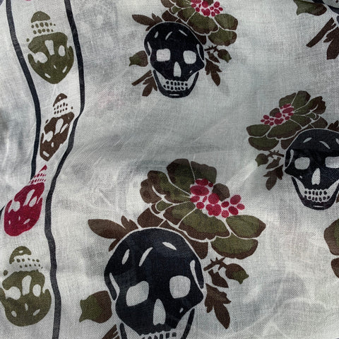 ALEXANDER MCQUEEN White Green Skull Floral Fringe Square Scarf
