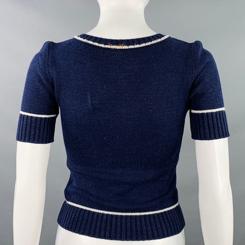 COURREGES Size 0 Navy White Cotton Blend Knit V-Neck Casual Top
