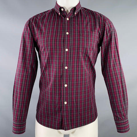 SATURDAYS NYC Size M Pink Charcoal Plaid Cotton Button Down Collar One Pocket Long Sleeve Shirt