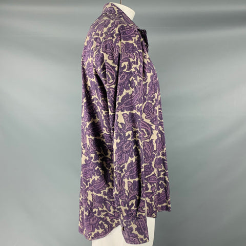 ETRO Size L Purple Khaki Paisley Cotton Blend Button Up Long Sleeve Shirt