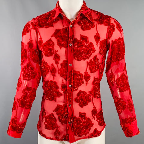 DRIES VAN NOTEN Size 38 Red Floral Viscose Silk Blend Sheer Long Sleeve Shirt