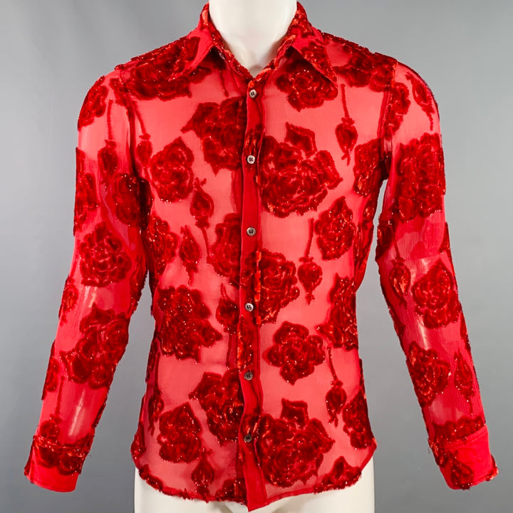 DRIES VAN NOTEN Size 38 Red Floral Viscose Silk Blend Sheer Long Sleeve Shirt