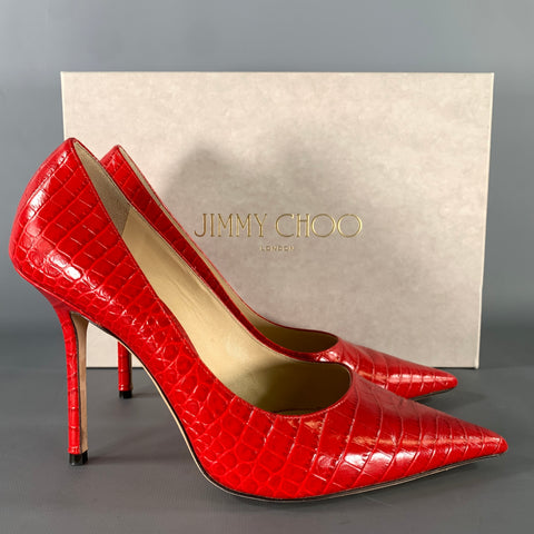 JIMMY CHOO Size 9 Red Leather J000126329395 Croc Embossed Embossed Pumps