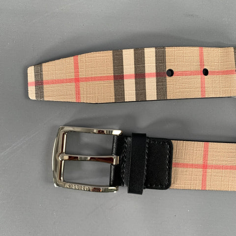 Ceinture en Cuir Motif Écossais Argent et Beige BURBERRY Taille 40