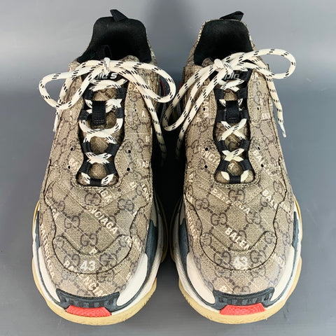 BALENCIAGA x GUCCI Size 10 Triple S Brown White Logo Chunky Sole Sneakers