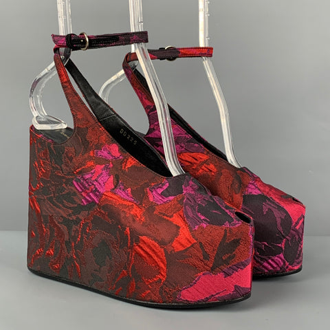 DRIES VAN NOTAN Talla 7.5 Zapatos de tacón con cuña y plataforma de jacquard floral rojo y negro