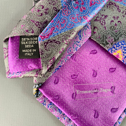 ERMENEGILDO ZEGNA Purple Grey Paisley Silk Satin Tie
