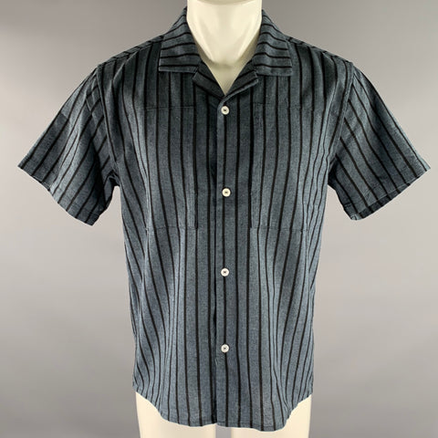 RYTHYM Size M Navy Black Stripe Cotton Blend Camp Short Sleeve Shirt