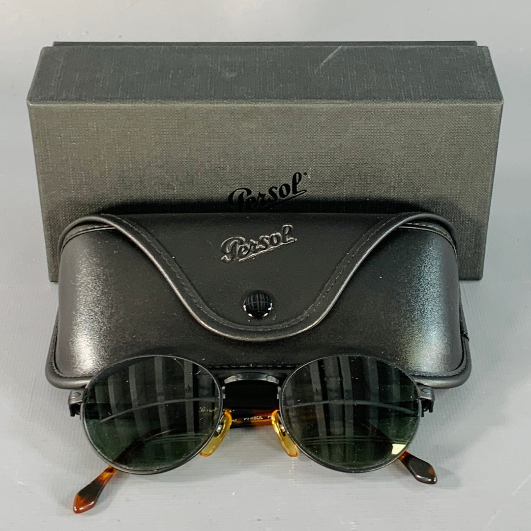 PERSOL Black Tortoiseshell Metal Round Sunglasses