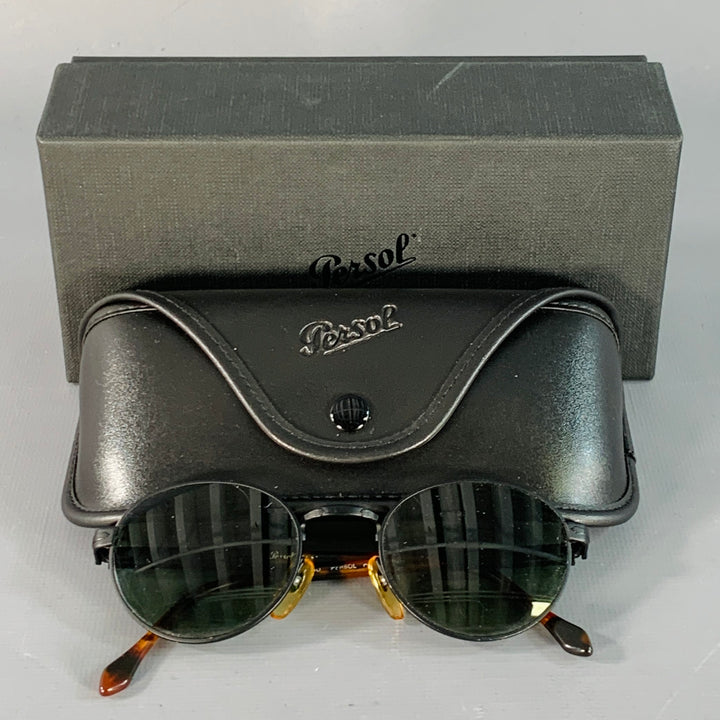 PERSOL Black Tortoiseshell Metal Round Sunglasses