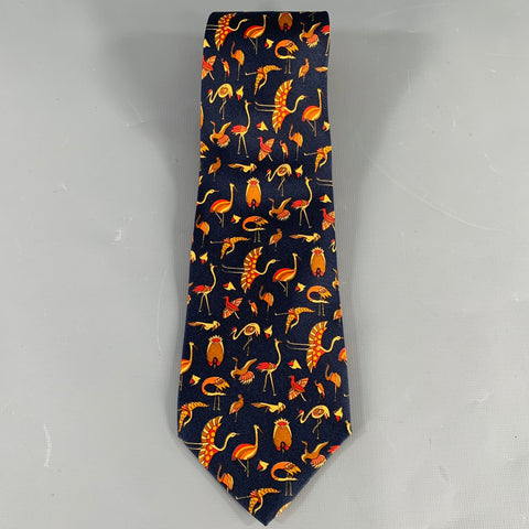 SALVATORE FERRAGAMO Navy Beige Red Birds Silk Tie