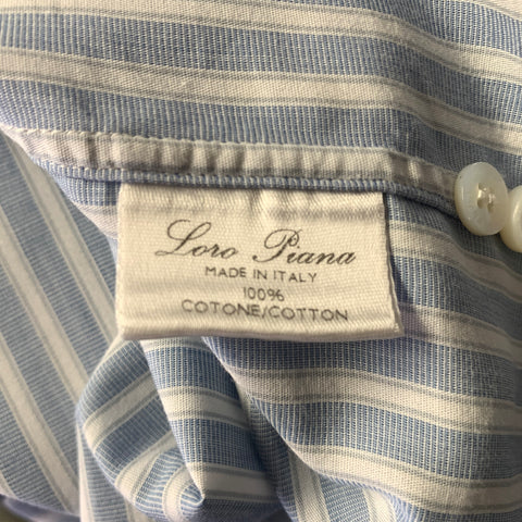 LORO PIANA Size XL Blue White Stripe Cotton Button Down Long Sleeve Shirt
