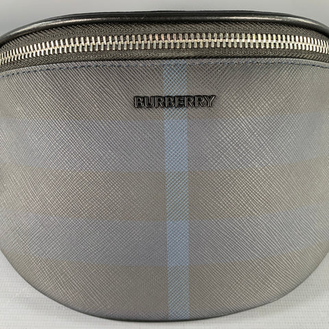 BURBERRY Black Navy Blackwatch Leather Trim Saffiano Canvas Belt Bag