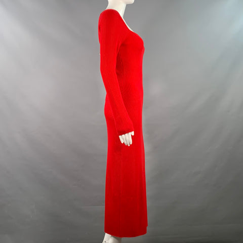 FROM FUTURE Size S Red Merino Wool Rib Knit Sweetheart Long Sleeve Midi Dress
