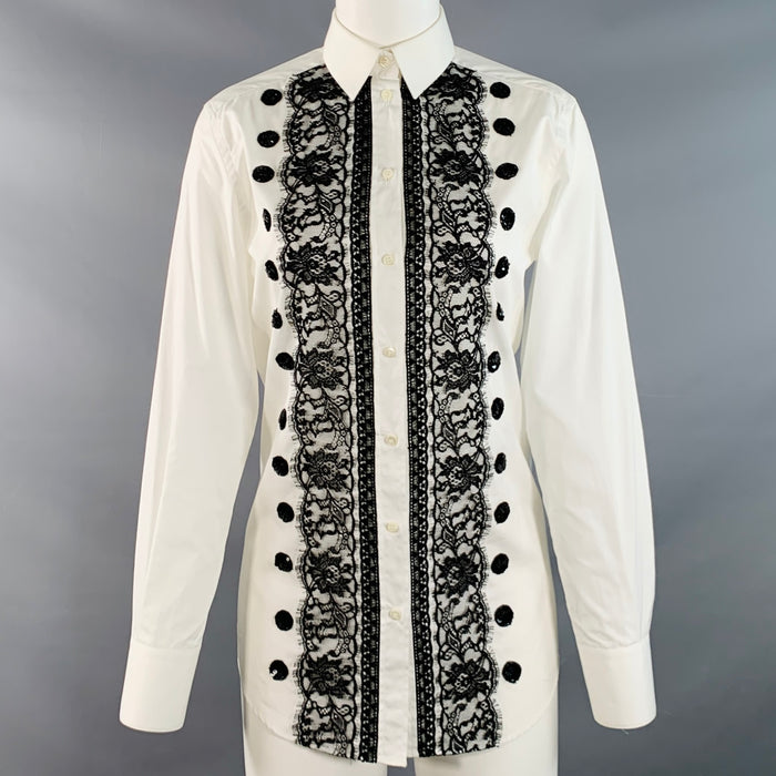 DOLCE & GABBANA Size XS White Black Cotton Blend Lace Trim Sequins Button Up Shirt