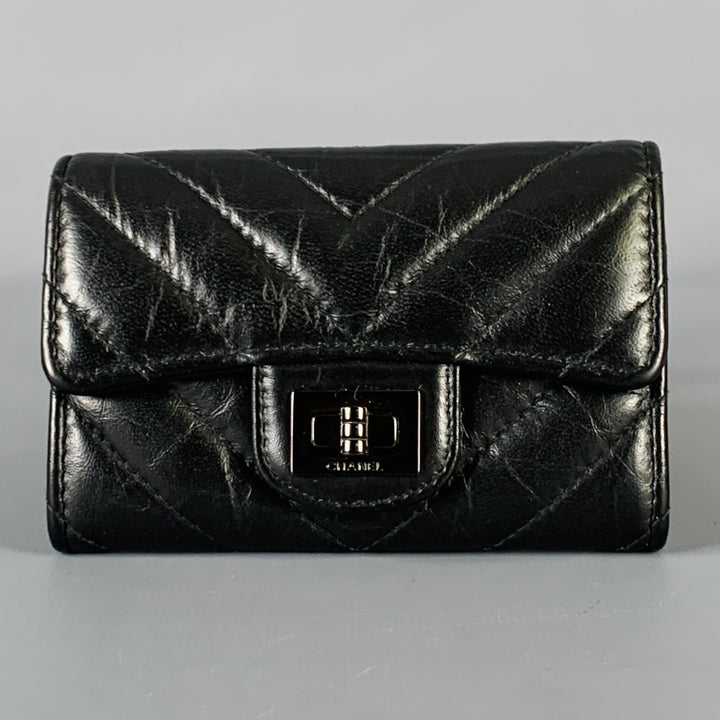 CHANEL Black Chevron Leather Card Case