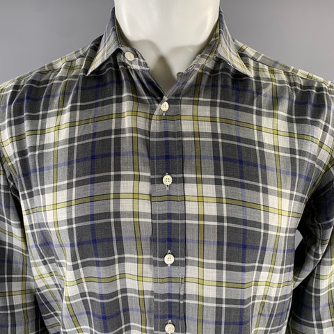 ETRO Size M Grey Blue Green Plaid Pointed Collar Long Sleeve Shirt