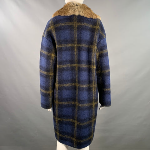 BAND OF OUTSIDERS Size S Blue Tan Wool Blend Plaid Rabbit Fur Collar Coat