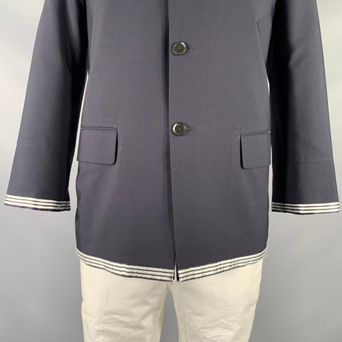 YOHJI YAMAMOTO Size L Navy White Contrast Trim Wool Polyester Sport Coat