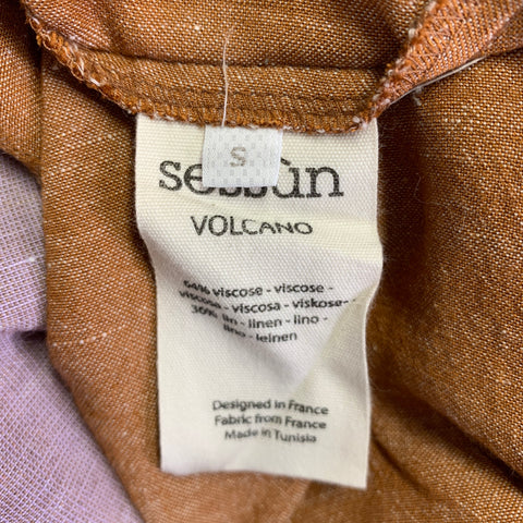 SESSU'N Size S Blue Purple Brown Linen Viscose Color Block Ruched Shirt