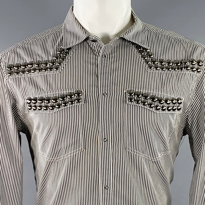 PIERRE BALMAIN Size M Silver Black White Stripe Studded Cotton Long Sleeve Shirt