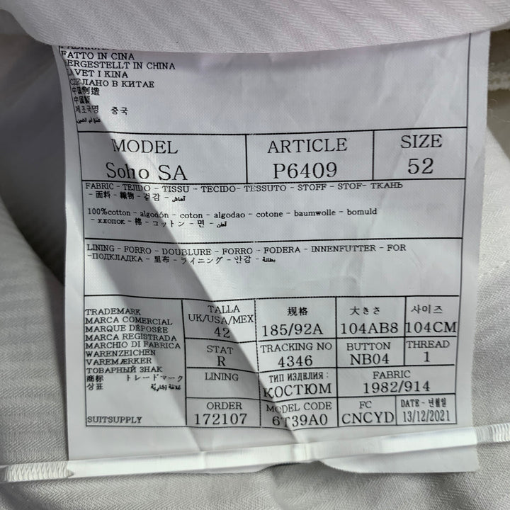 SUIT SUPPLY Size 42 Regular White Cotton Notch Lapel Suit