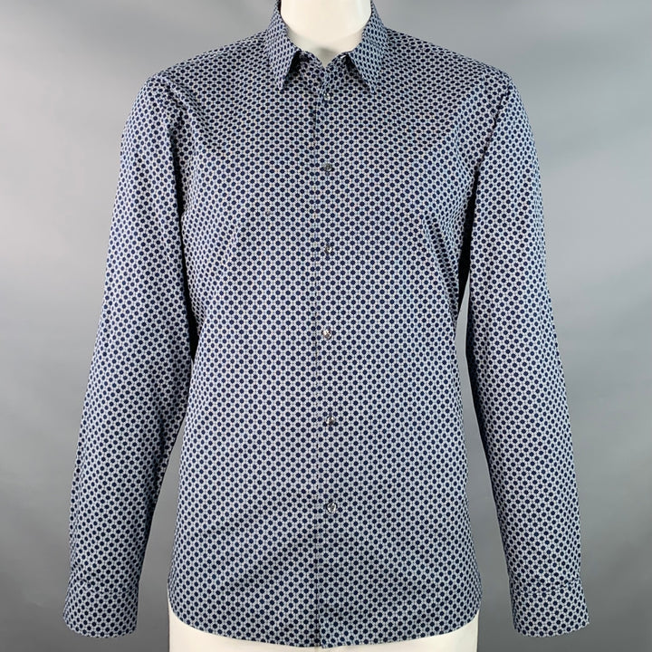 TED BAKER Size XL Navy White Geometric Cotton Point Collar Regular Fit Long Sleeve Shirt