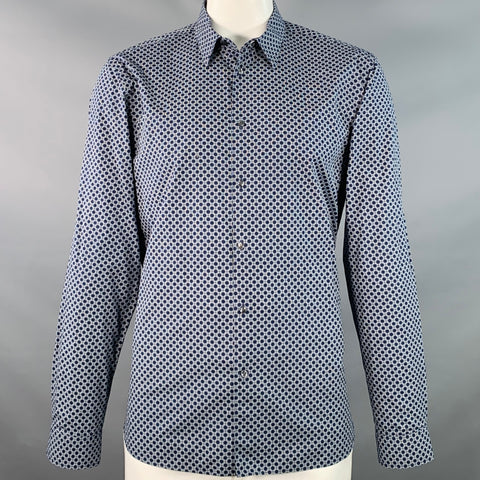 TED BAKER Size XL Navy White Geometric Cotton Point Collar Regular Fit Long Sleeve Shirt