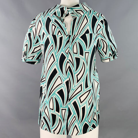 TIBI Size 6 Green Black White Silk Abstract Cowl Neck Dress Top