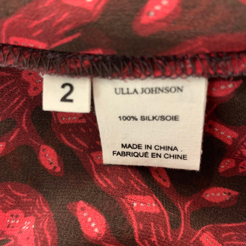 ULLA JOHNSON Taille 2 Rouge Noir Soie Abstrait Col en V Haut Décontracté