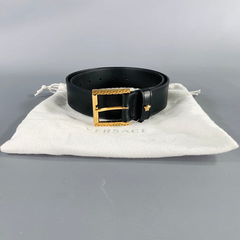 VERSACE Size 34 Black Gold Greca Leather Belt