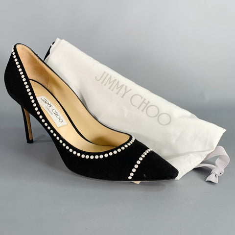 JIMMY CHOO Size 11 Black Cream Suede Faux Pearl Studded Heels Pumps