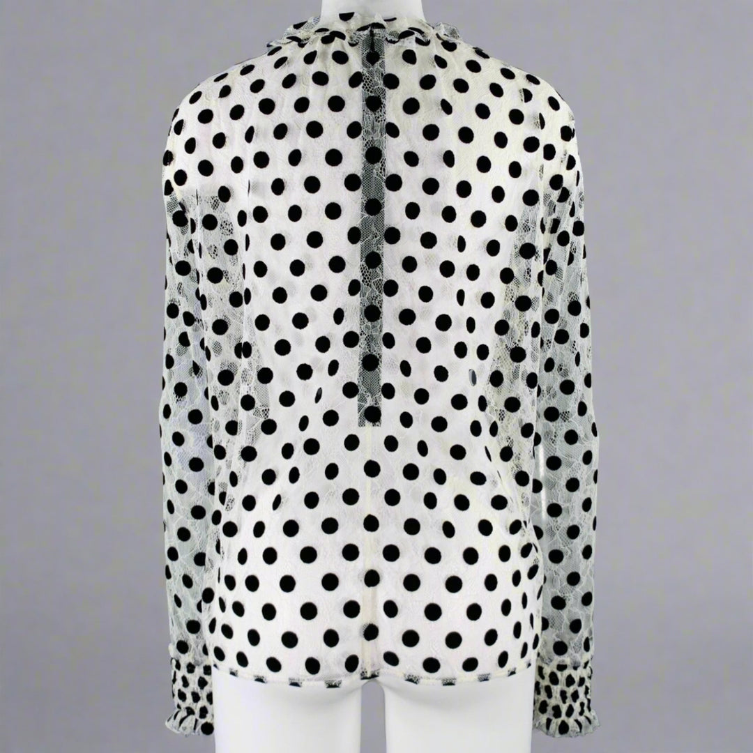 AKRIS Size 8 White Black Viscose Nylon Dots Long Sleeve Blouse