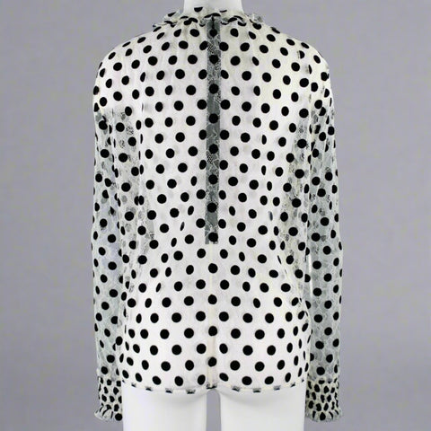 AKRIS Size 8 White Black Viscose Nylon Dots Long Sleeve Blouse