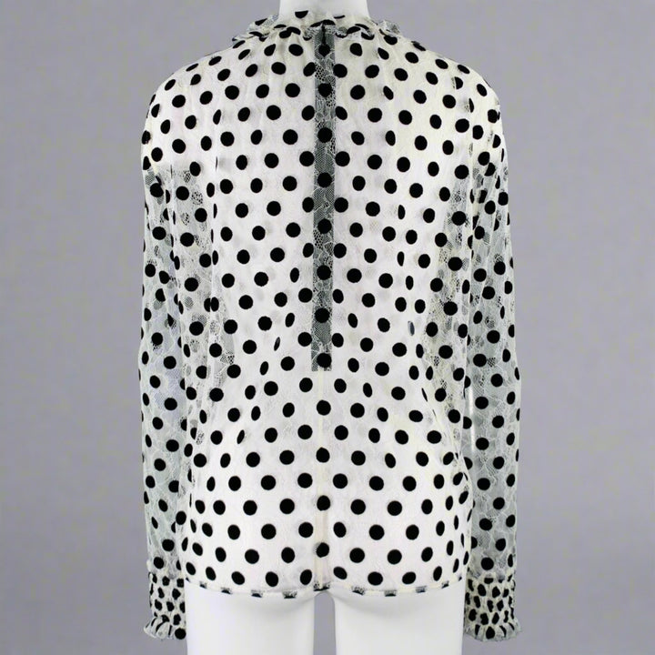 AKRIS Size 8 White Black Viscose Nylon Dots Long Sleeve Blouse