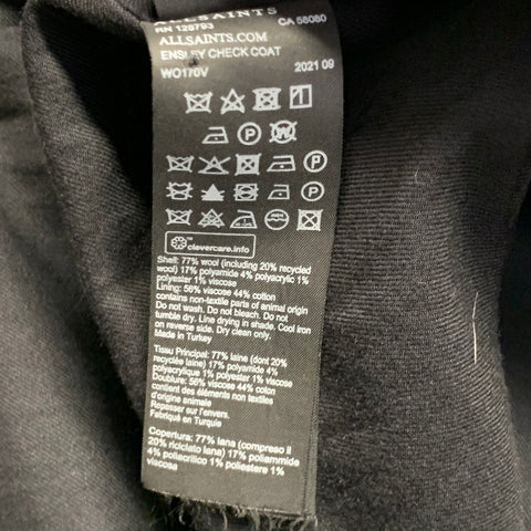 ALLSAINTS Taille 6 Ensley Carreaux Noir Gris Laine Mélange Plaid Manteau Croisé