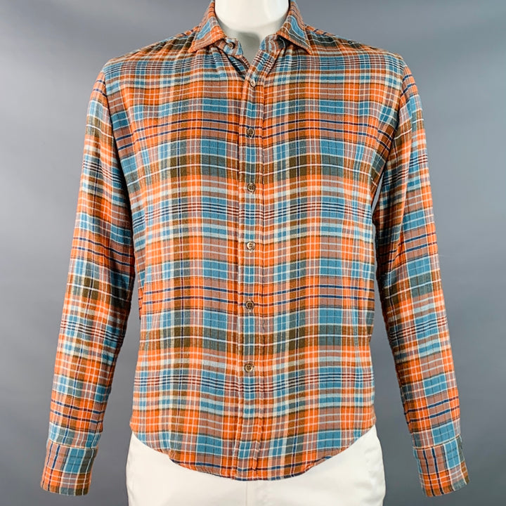 45rpm Size XL Blue Orange Plaid Cotton Curved Cutaway Flannel Long Sleeve Shirt