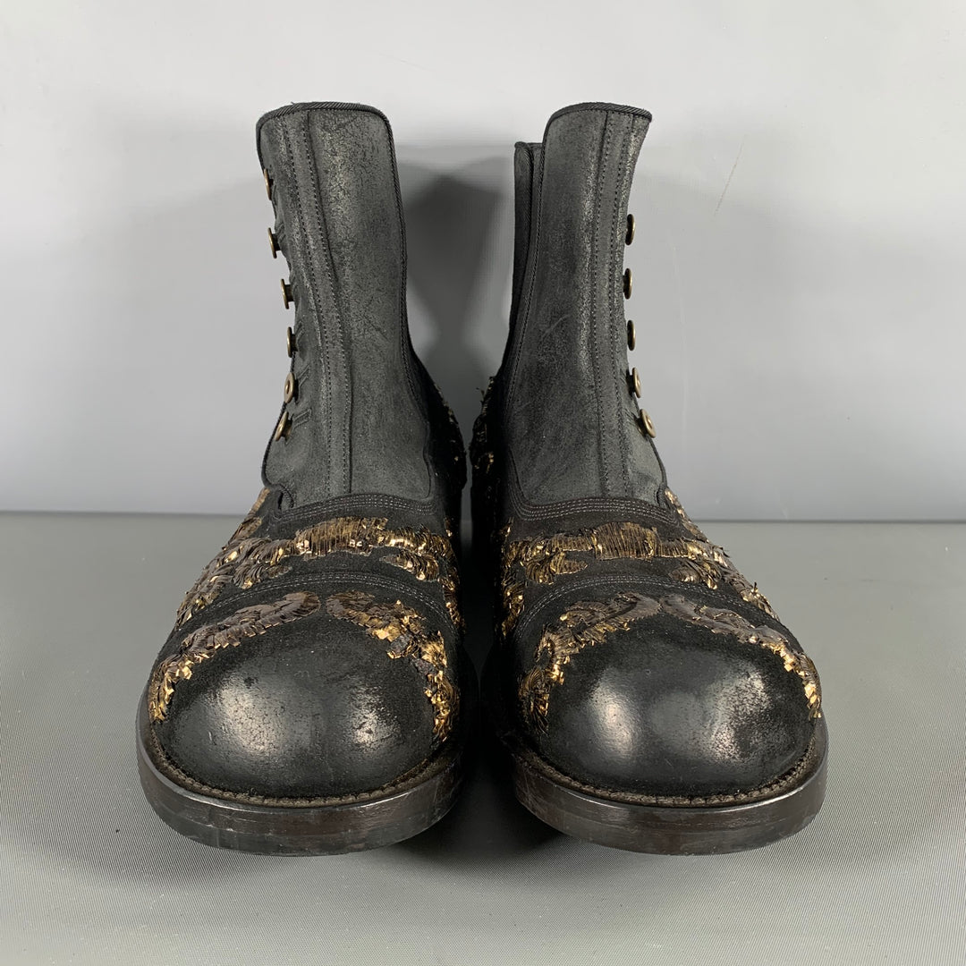DOLCE & GABBANA Size 8.5 Black Gold Embroidery Leather Side Buttons Boots