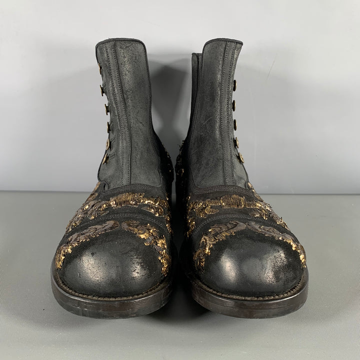 DOLCE & GABBANA Size 8.5 Black Gold Embroidery Leather Side Buttons Boots