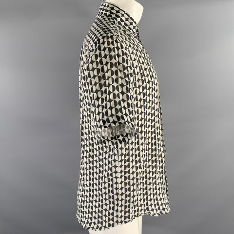 PENINSULA Size XL White Black Geometric Linen Short Sleeve Shirt