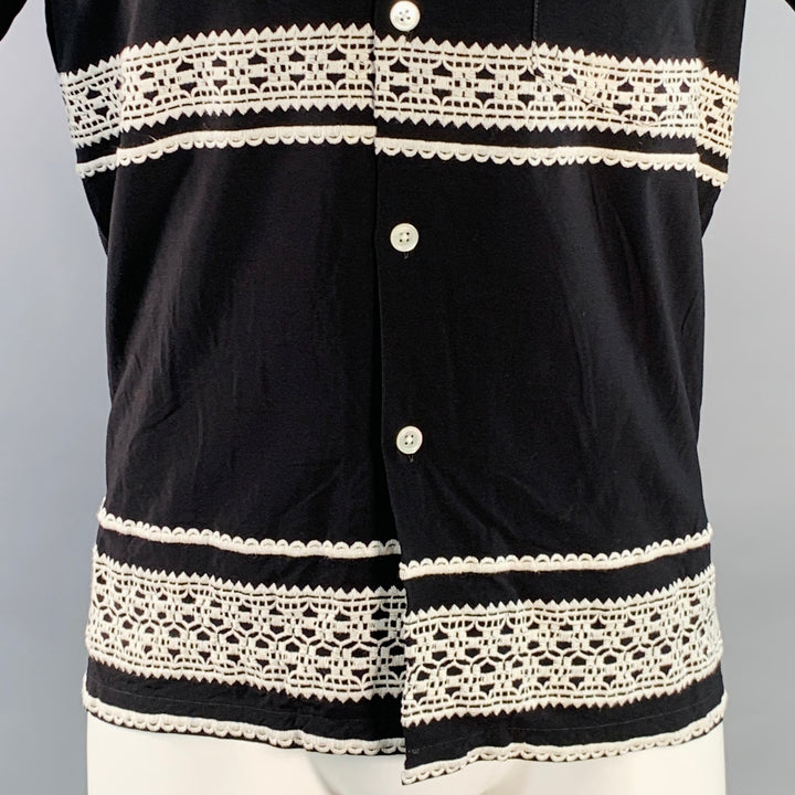PORTUGUESE FLANNEL Size M Black White Lace Embroidery Viscose Camp Short Sleeve Shirt