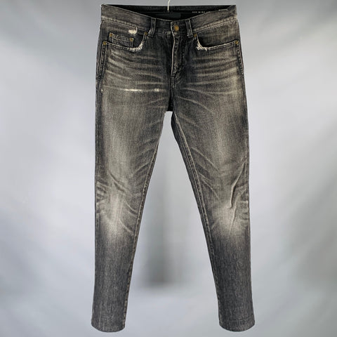 SAINT LAURENT Size 28 Grey Charcoal Distressed Cotton Straight Jeans