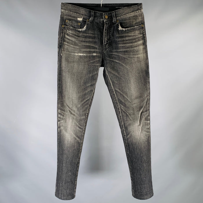 SAINT LAURENT Size 28 Grey Charcoal Distressed Cotton Straight Jeans