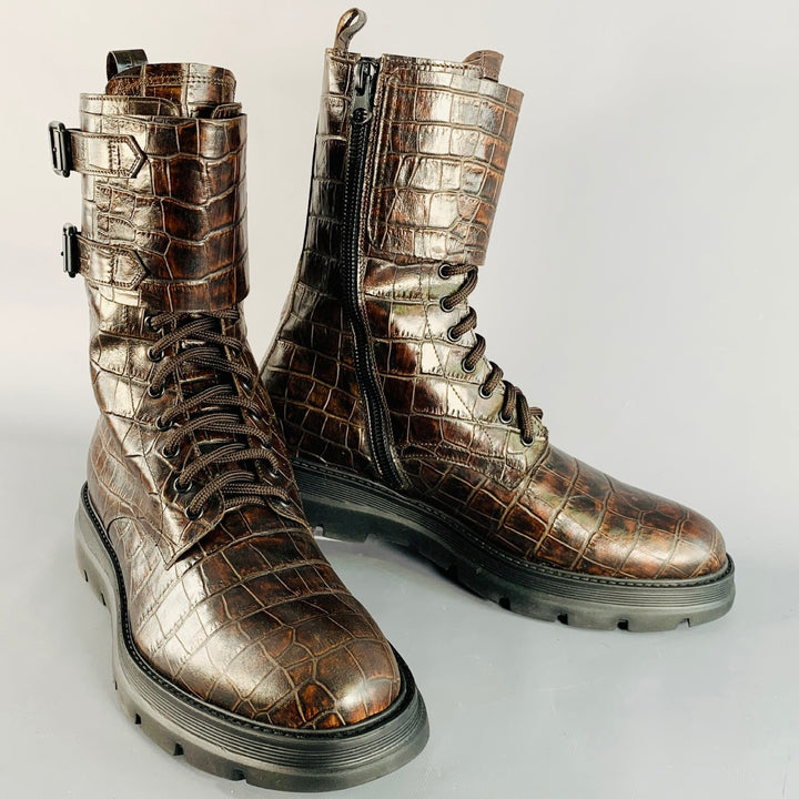 MICH SIMON Size 11 Brown Croc Embossed Leather Lace-Up Belt Calf High Military Boots