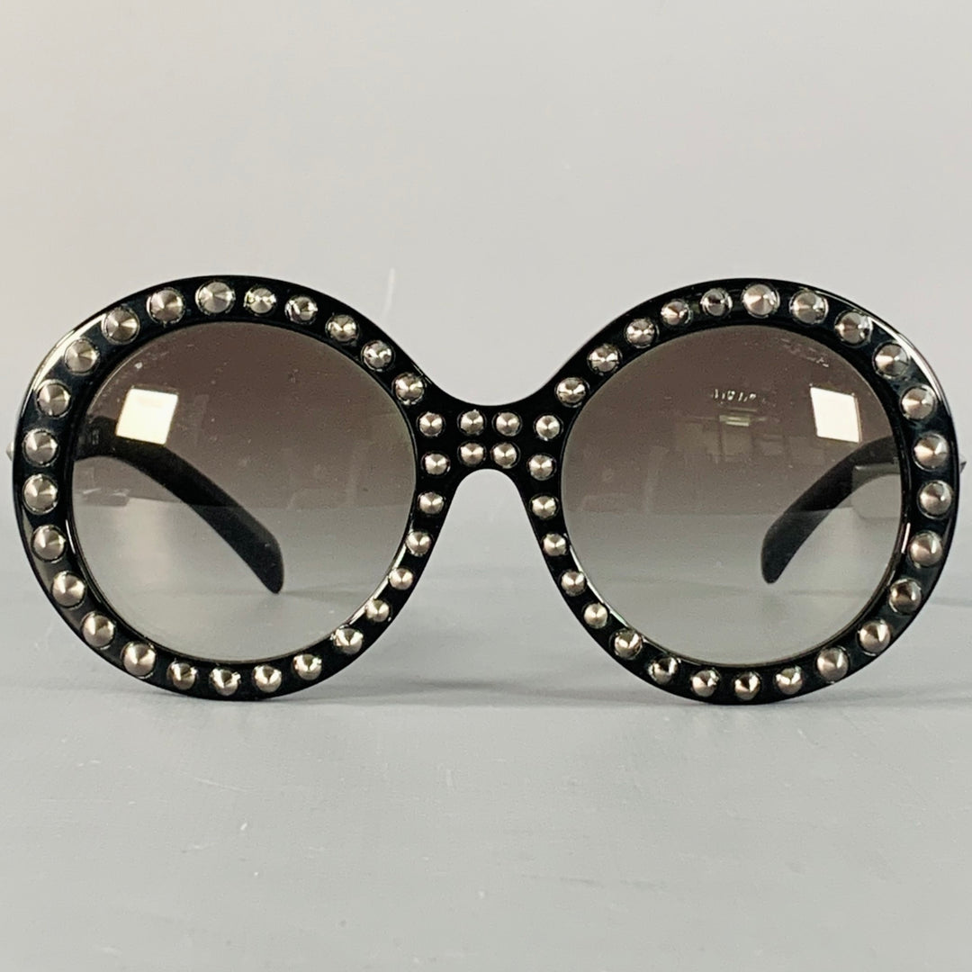 PRADA Black Silver Studded Acetate Oversized Round Sunglasses