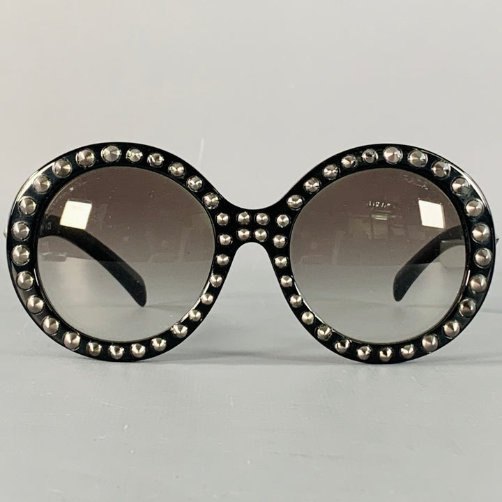 PRADA Black Silver Studded Acetate Oversized Round Sunglasses