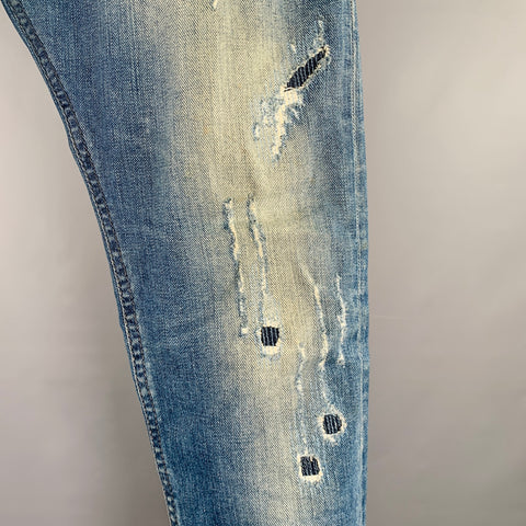 DIESEL FW16 Size 26 Tepphar Blue Distressed Cotton Blend Tapered Slim Jeans