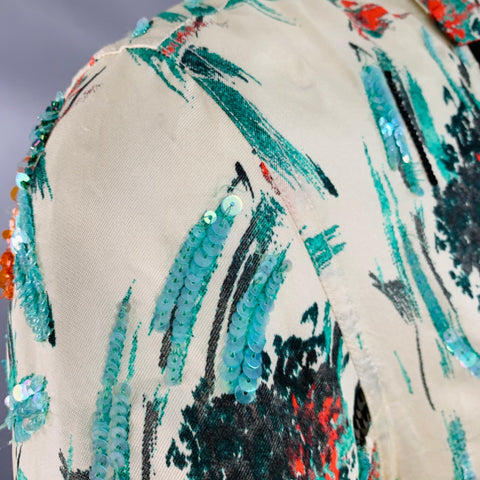 DRIES VAN NOTEN Size XS Cream Green Red Sequined Floral Viscose Camp Short Sleeve Shirt