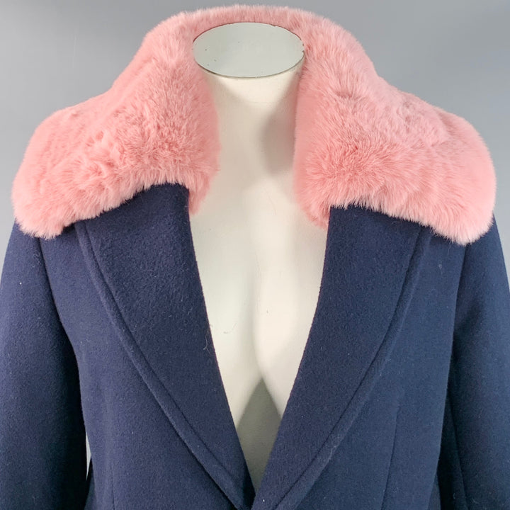 ZADIG & VOLTAIRE Size L Manon Navy Pink Wool Cashmere Blend Fur Collar Notch Lapel Coat