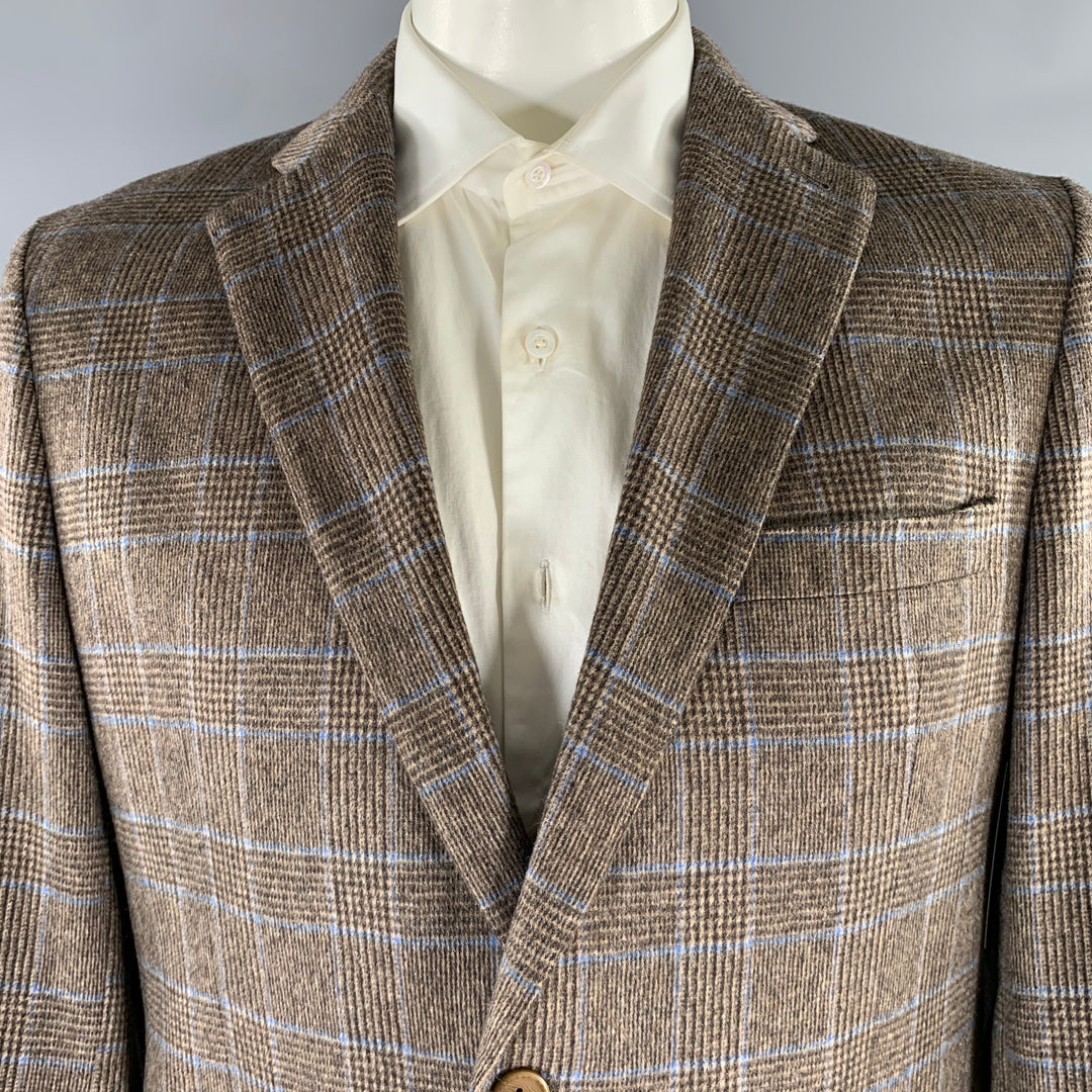 PETER PANOS Chest Size 44 Brown Blue Plaid Cashmere Notch Lapel Sport Coat